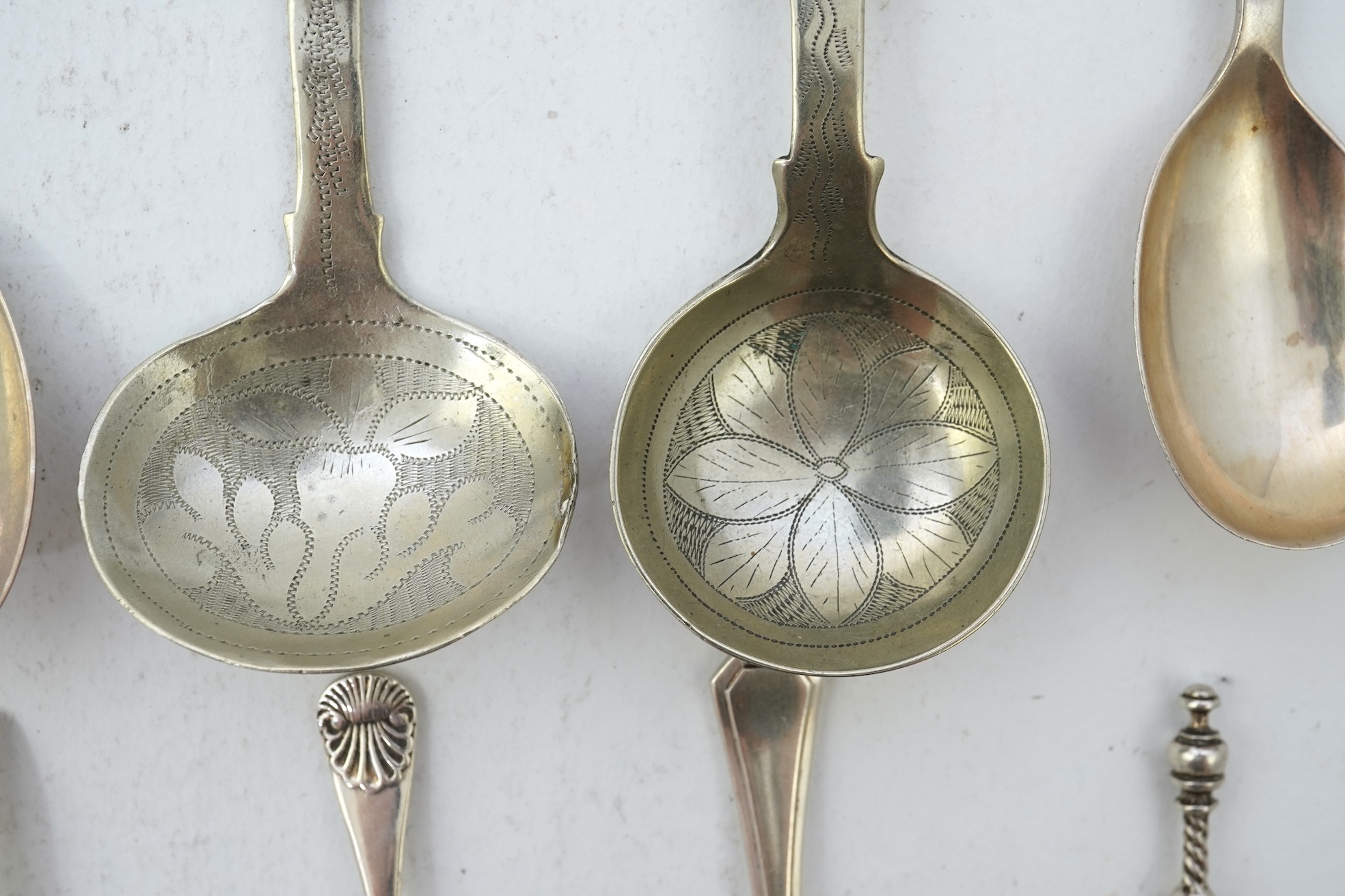 Nine assorted 19th century and later silver and white metal caddy spoons